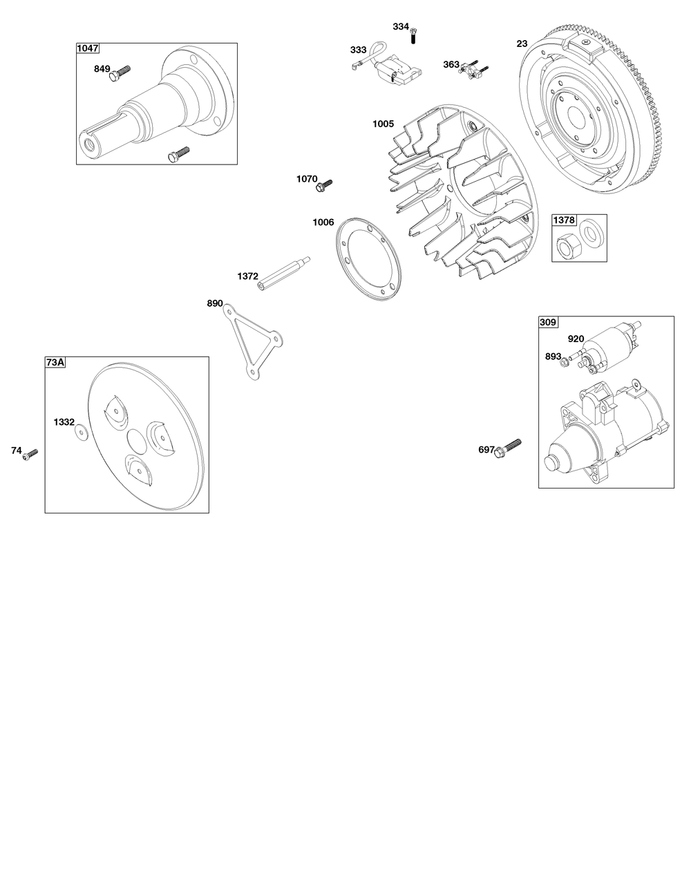 Flywheel, Ignition, And Starter Group Diagram and Parts List for 613477-0250-J1 400000 - 699999 Briggs and Stratton Engine